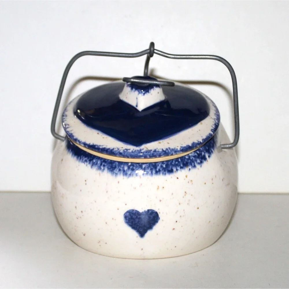 Crock w Locking Lid Tilted Blue Heart canister ceramic farmhouse kitchen decor